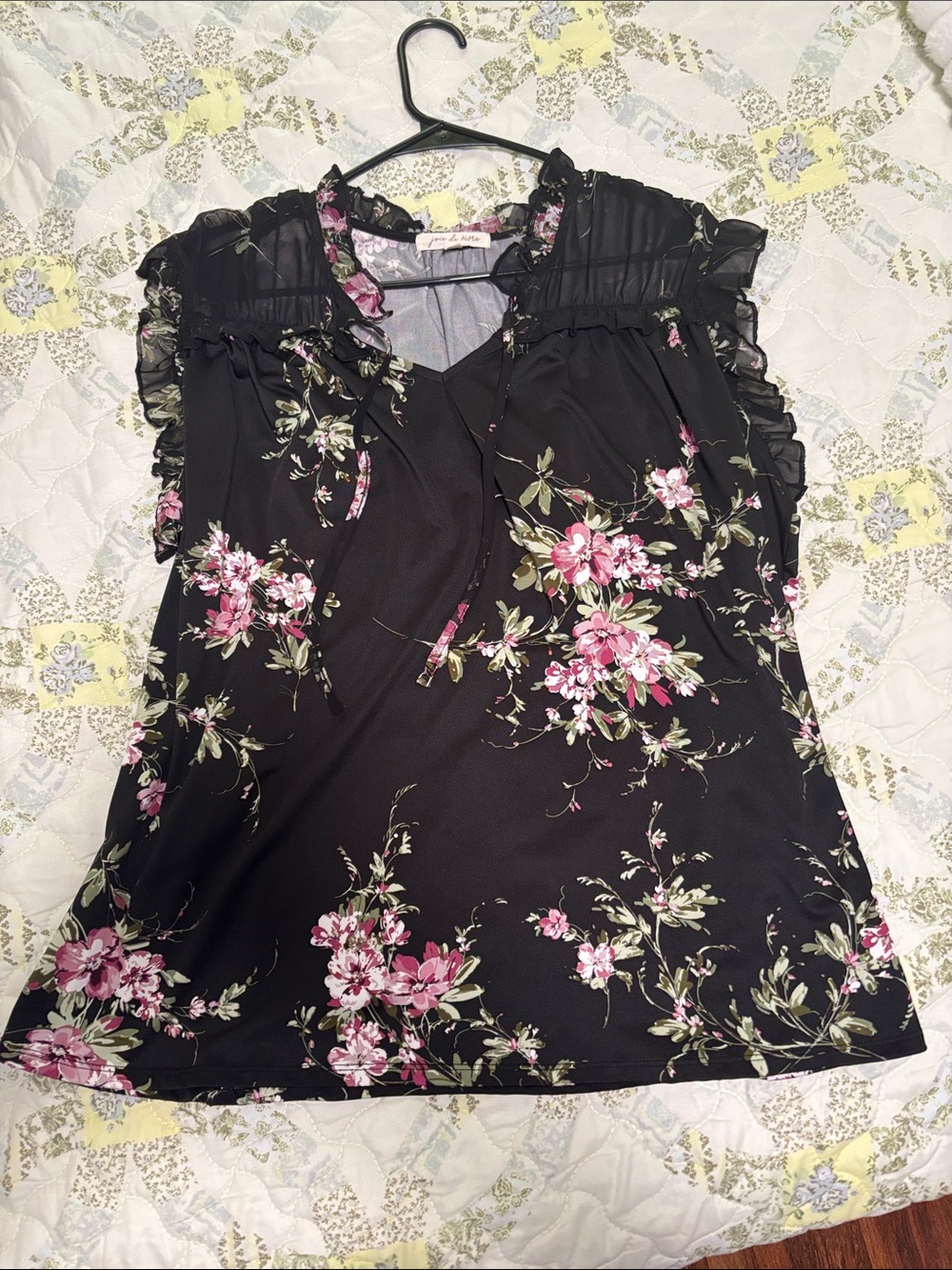 Floral Ruffle Tie-Neck Black Camisole